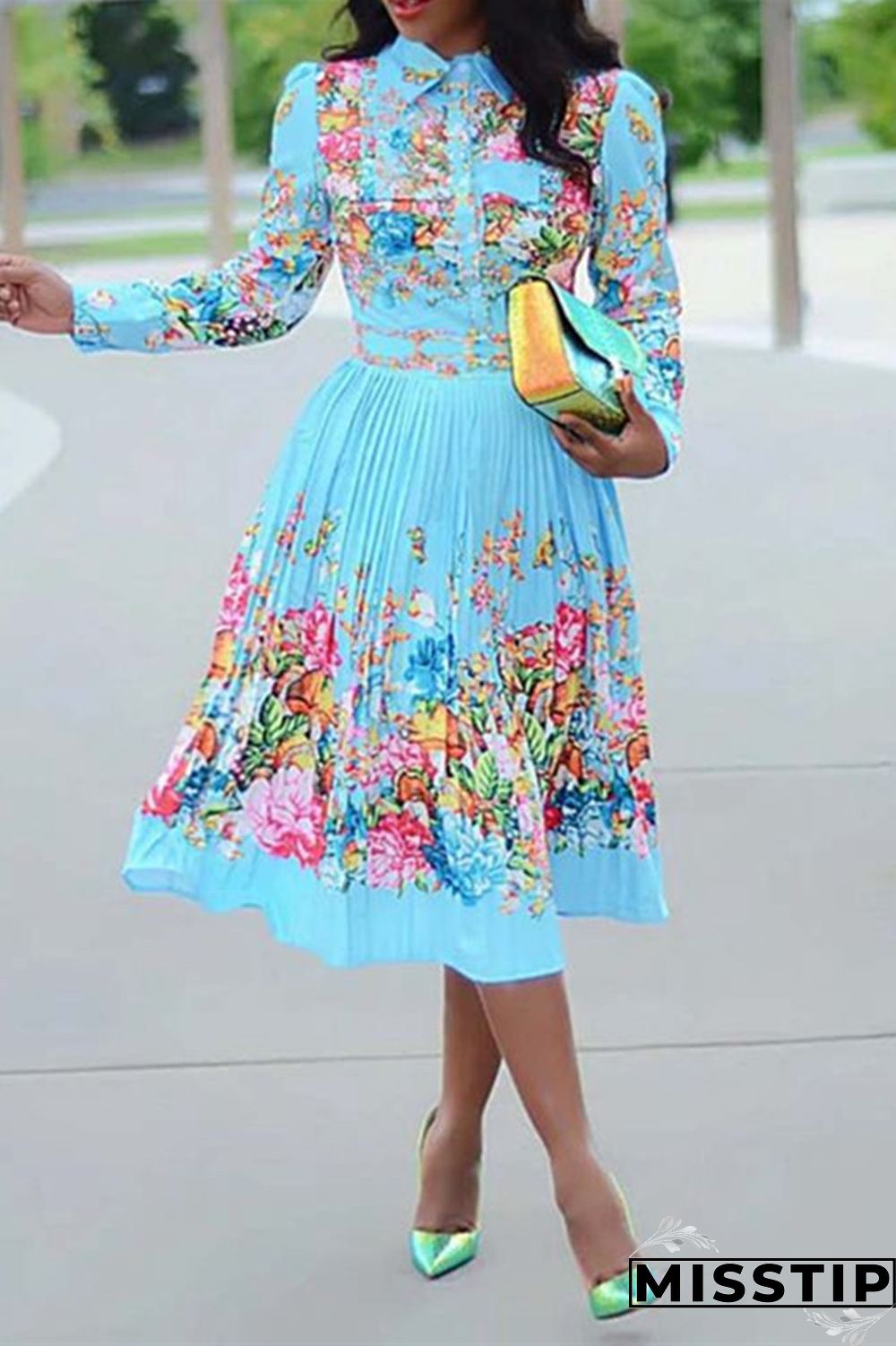 Light Blue Fashion Sexy Regular Sleeve Long Sleeve Turndown Collar Pleated Knee Length Print Dresses