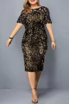 Plus Size Sequins Mesh Sleeve Solid Midi Dress