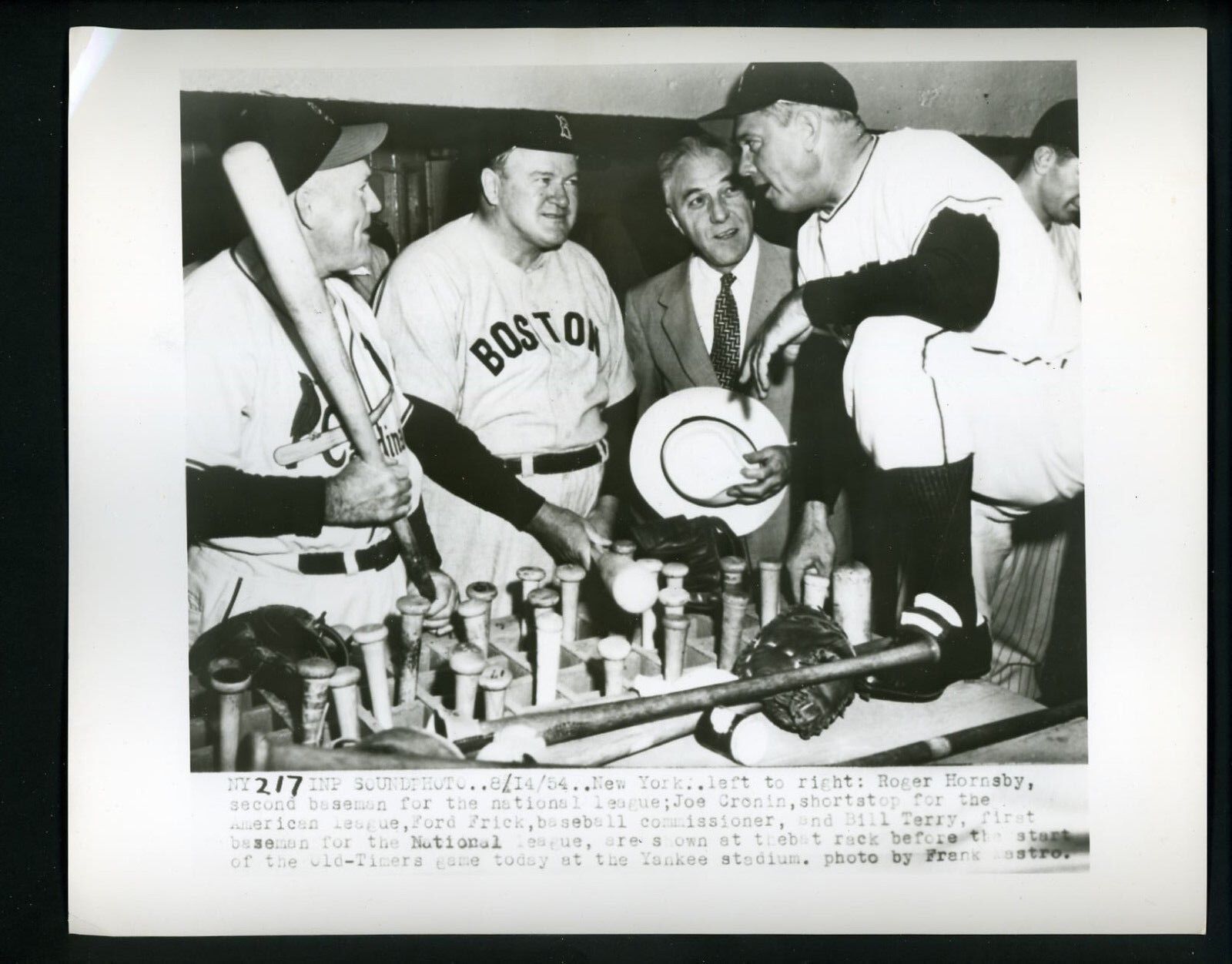 Joe Cronin Rogers Hornsby Bill Terry 1954 Press Photo Poster painting Yankees Old-Timers Game