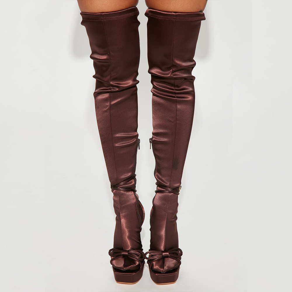Chocolate Satin Square Toe Bow Strap Heels Platform Thigh High Boots Nicepairs