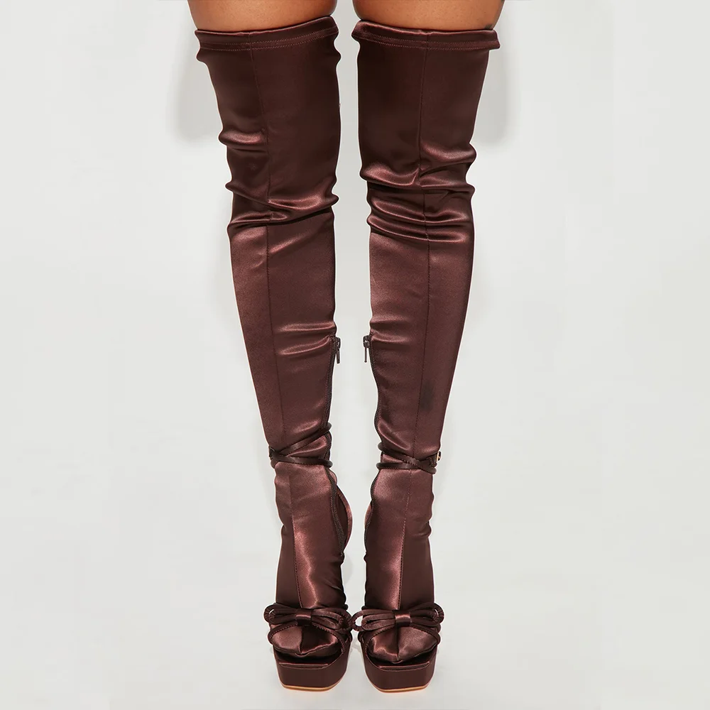 Chocolate Satin Square Toe Bow Strap Heels Platform Thigh High Boots Nicepairs