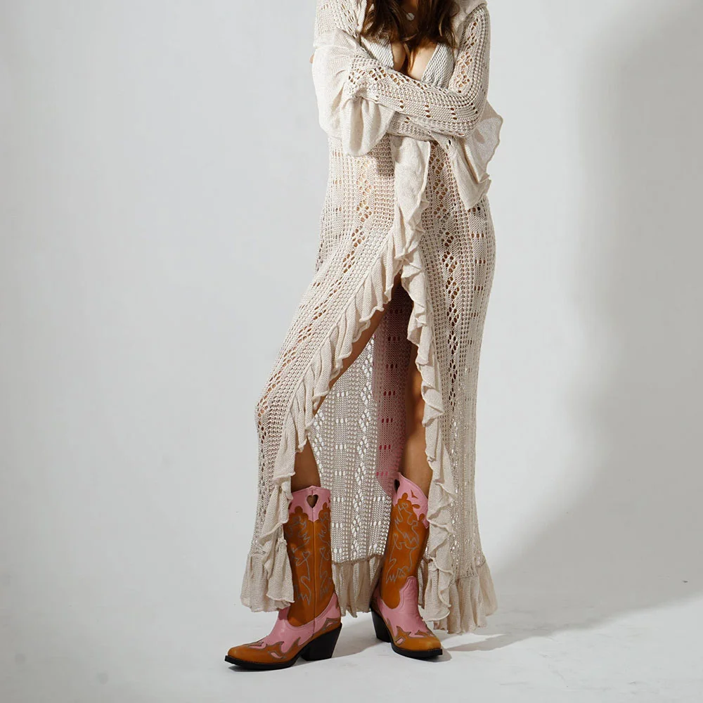 Tan & Pink Closed Toe Chunky Heel Embroidered Cowboy Boots for Women