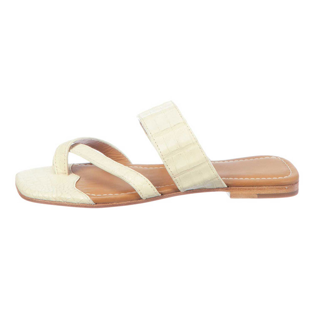 Ivory Open Square Toe Croco Embossed Flat Summer Slide Sandals Nicepairs