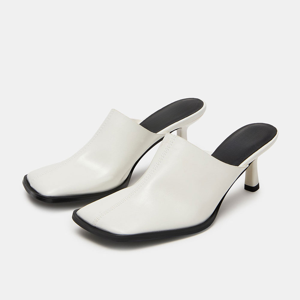 Pure White Square Toe Mid Flared Heel Mules Shoes for Women Nicepairs