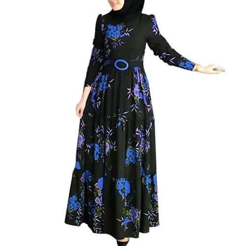 Muslim Abaya Dress Women Vintage Ethnic Floral Print Belt Maxi Kaftan Robe Long Sleeve Casual Long Dresses Party