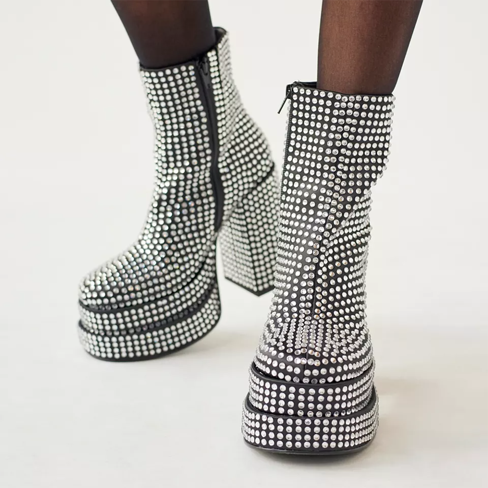 Sliver Round Toe Boots Chunky Heel Full Diamond  Party Ankle Boots
