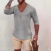 Men's Deep V Neck Breathable Linen Cotton Mid Sleeve T-Shirt by Inlyline
