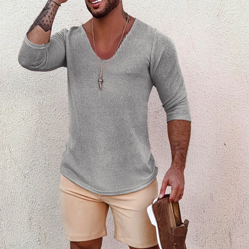 Men's Deep V Neck Breathable Linen Cotton Mid Sleeve T-Shirt、、URBENIE