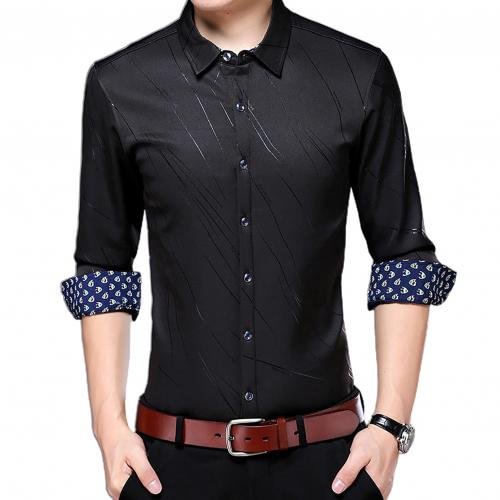 Fashion Business Plaid Shirt Men Long Sleeve Turn Down Collar Letters/Stripes Print Buttons Shirt Top Casual Shirts Small size