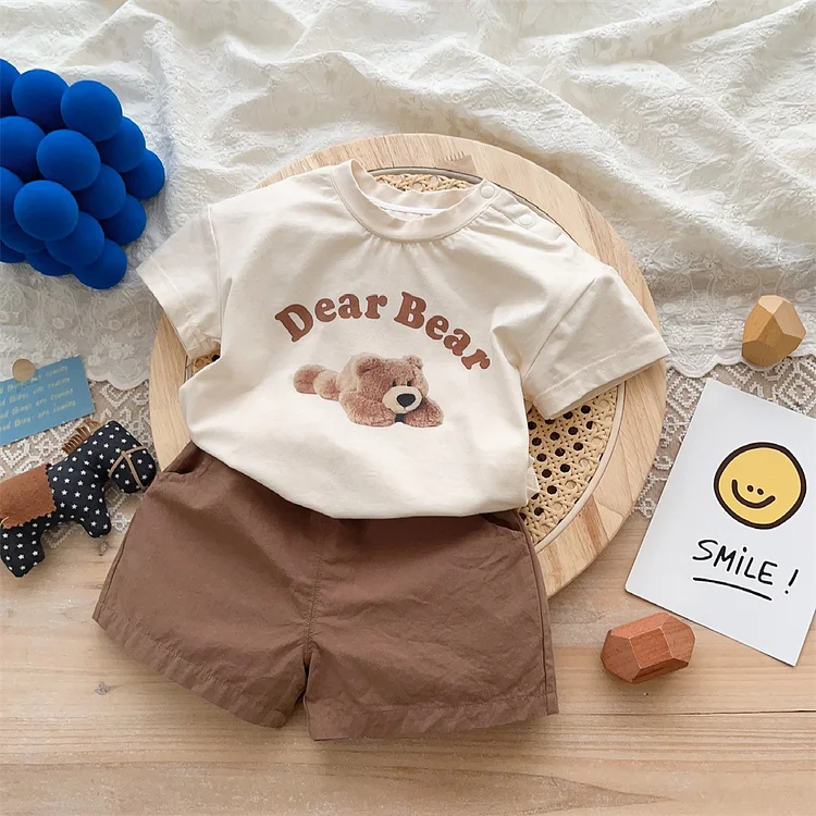 Baby Toddler Boy Summer Casual Bear and Letter Print Pullover T-shirt & Simple Solid Shorts Set