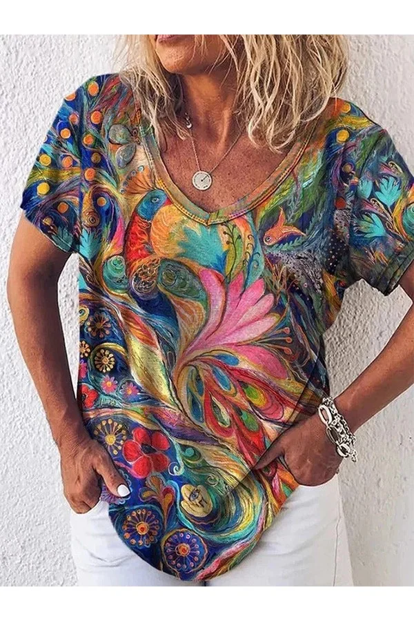 Multi Casual Graphic Tops V-neck Short Sleeve Peacock Printed Blouse