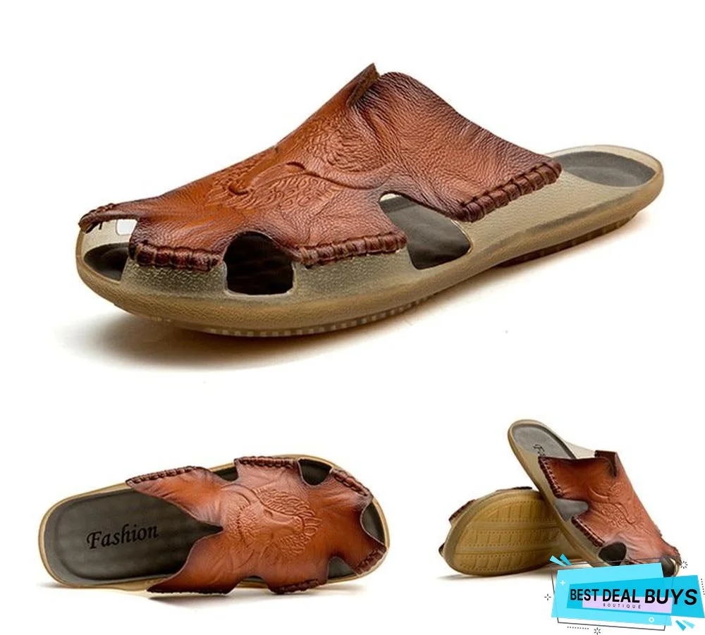 Men's Genuine Leather Non-Slip Sandal Shoes Breathable Beach Flip Flops Shoes