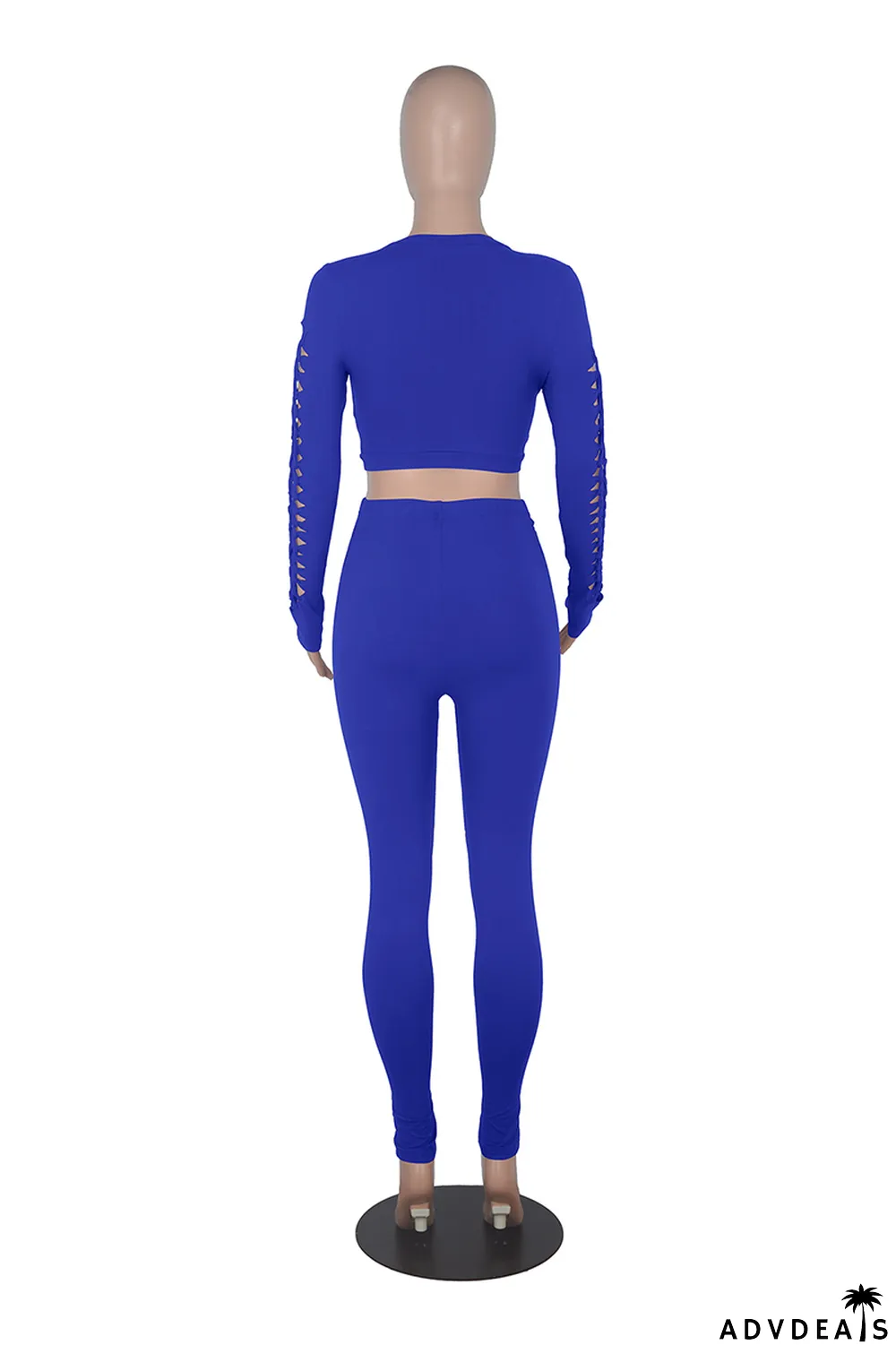 Color Blue Sexy Solid Ripped O Neck Long Sleeve Two Pieces