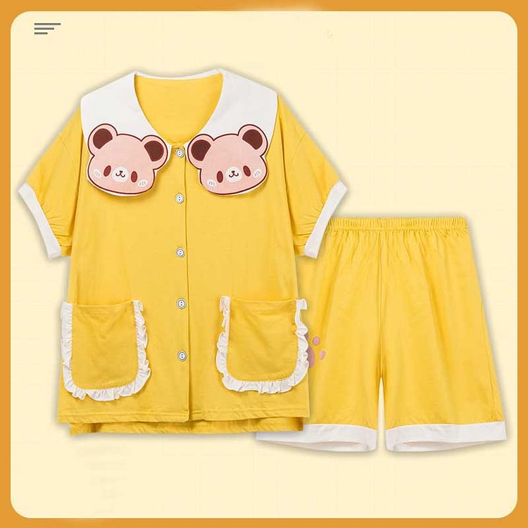 Bear Print Pocket Pajamas Set - Modakawa Modakawa