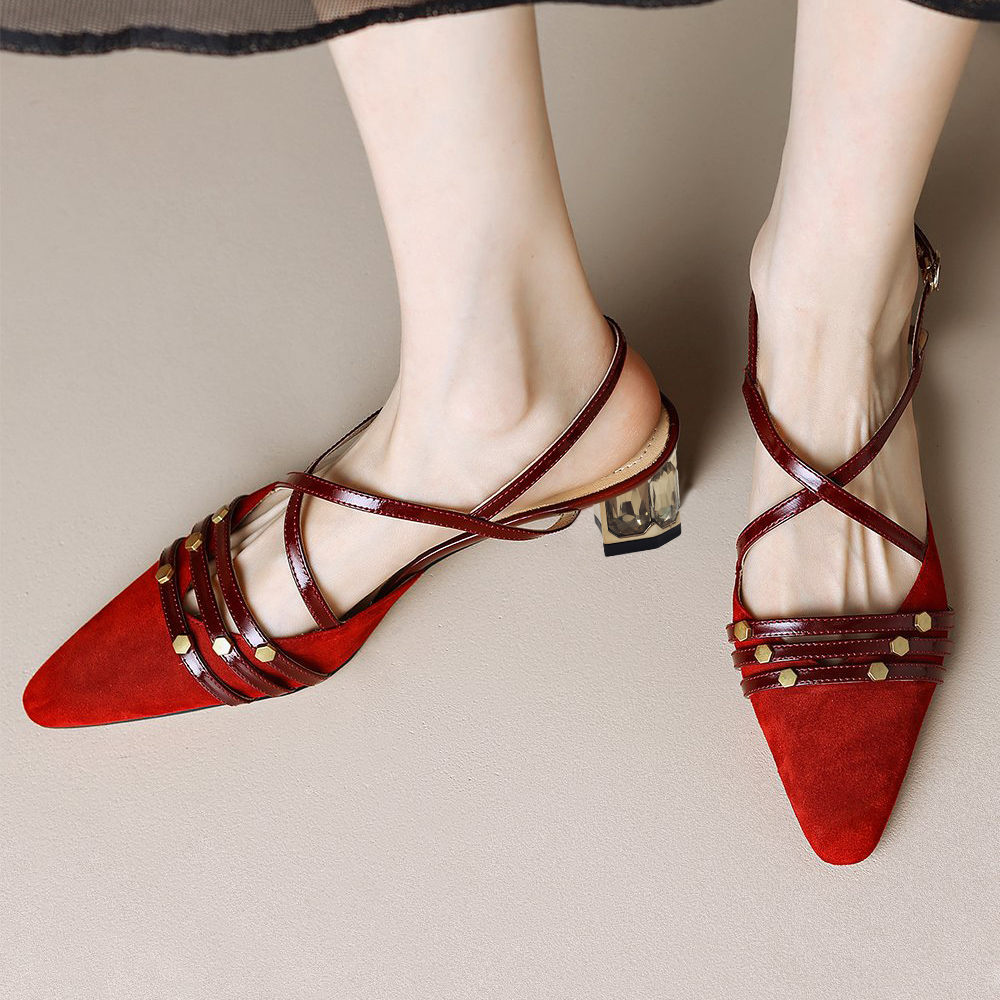 Red Faux Suede Closed Toe Decorative Heel Strappy Slingback Pumps Nicepairs