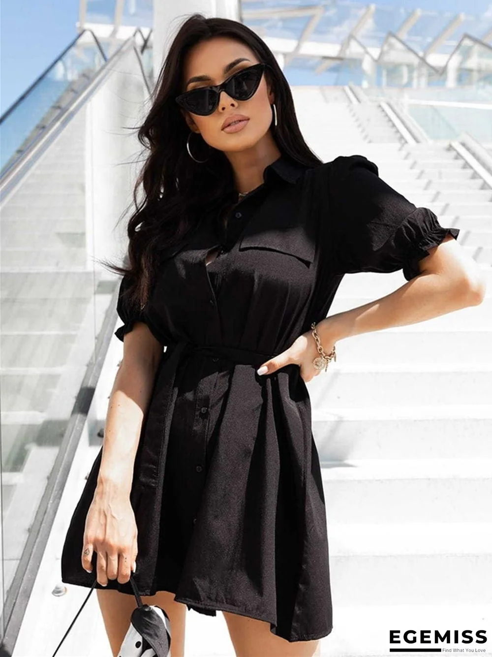 Commute Simple Short-sleeved Lapel Shirt Dress | EGEMISS