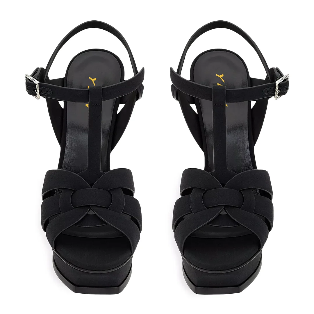 Faux Suede Platform T-Strap Stiletto Heel Sandals in Black