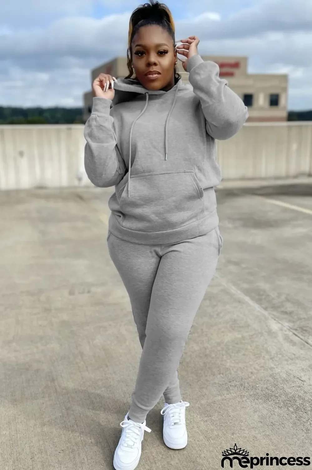 Winter Grey Front Pocket Two Piece Hoodies Sweatsuit