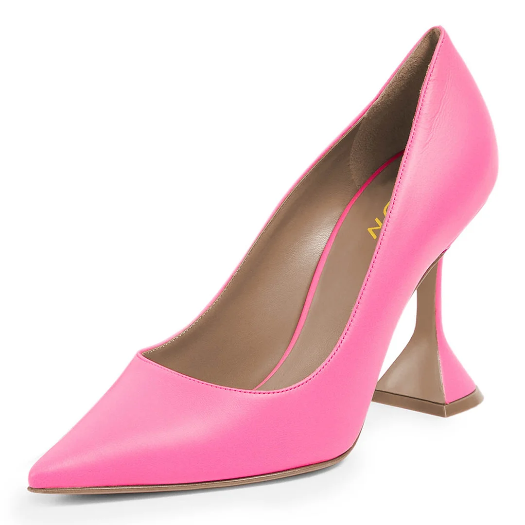 Hot Pink Vegan Leather Flared Heel Pointed Toe Pumps for Women