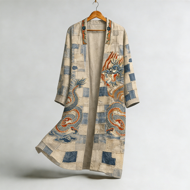 Men's Vintage Japanese Dragon Art Linen Blend Long Kimono  artssus
