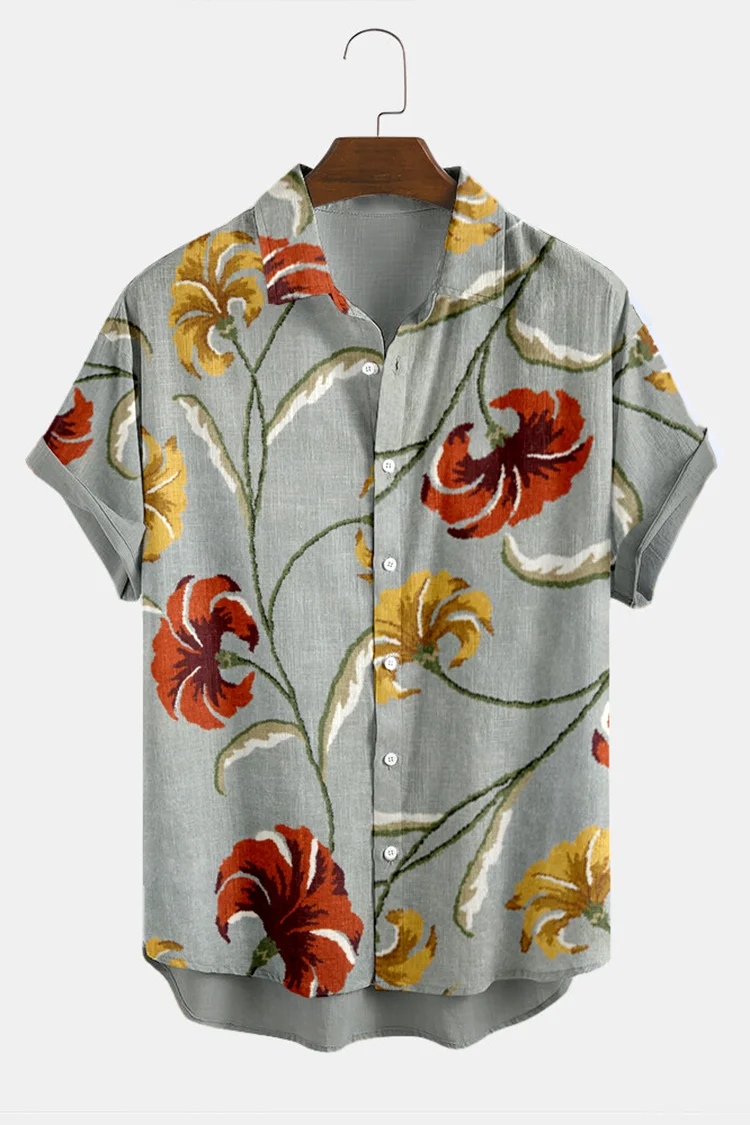 Fashion Plant Flowers Print Short Sleeve Shirt