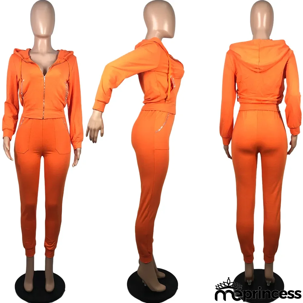 Solid Color Hooded Sports Casual Two Piece Set