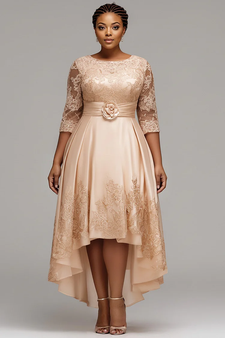 Xpluswear Design Plus Size Wedding Guest Satin Champagne Round Neck Half Sleeve High Low Hem Appliques Lace Midi Dresses [Pre-Order] 2024 - Xpluswear