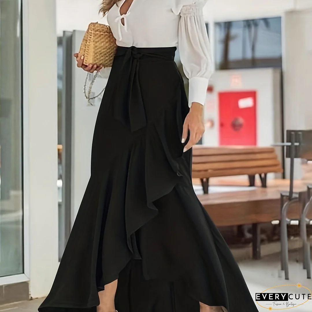 Solid Ruffle Trim Asymmetrical Skirt, Elegant Belted Mermaid Skirt For Spring & Fall, Women's Clothing