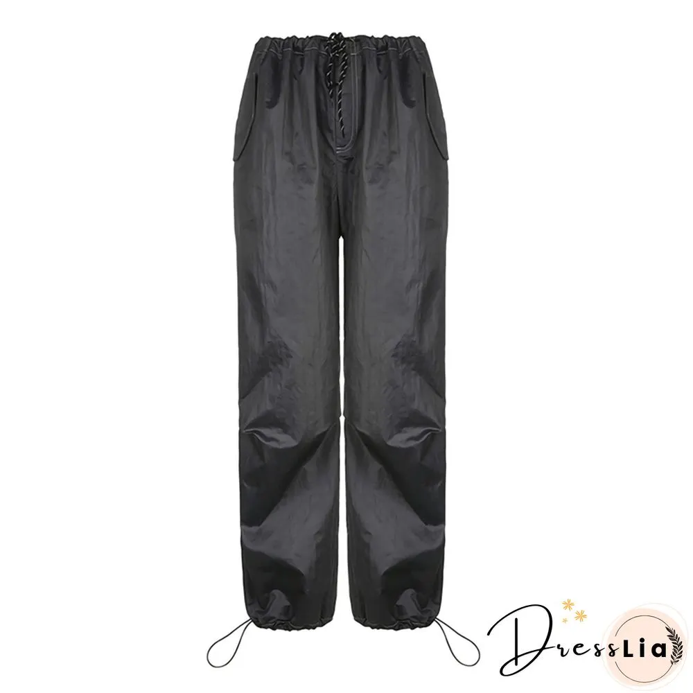 Drawstring Cargo Pants Women Solid Color Low Waist Relaxed Fit Work Trousers Y2k Grunge