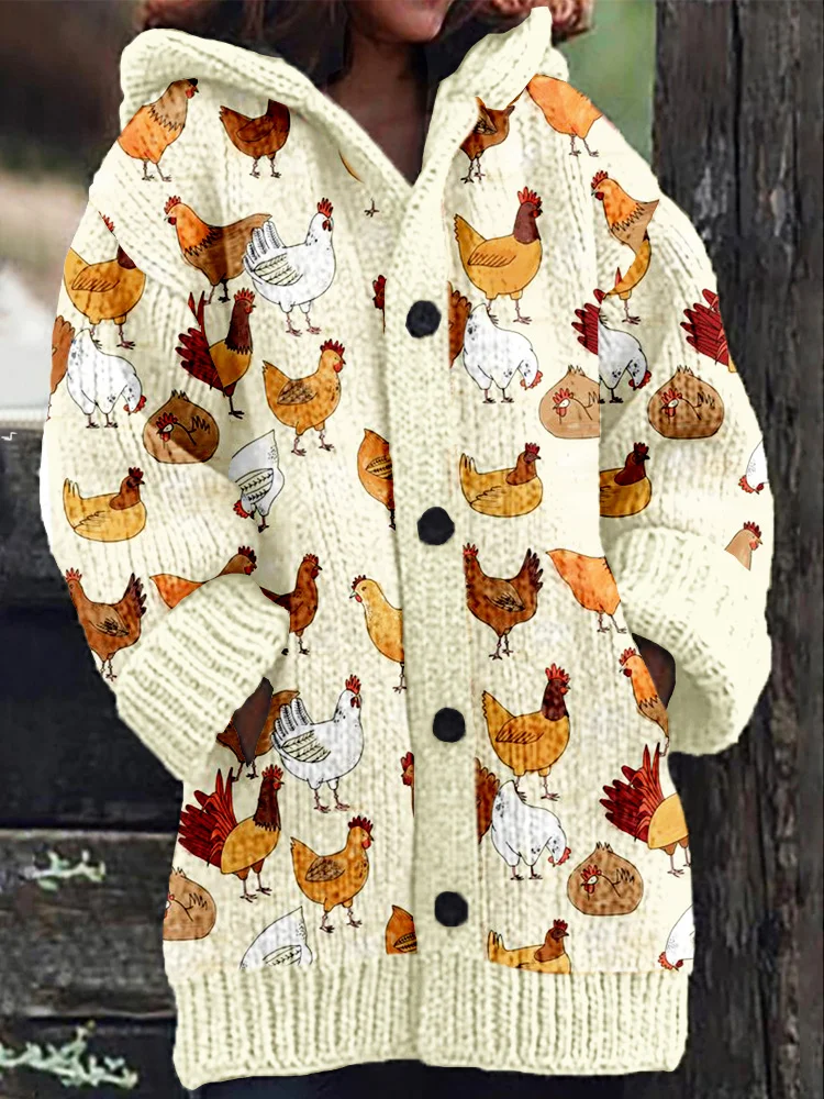 VChics Vintage Chicken Graphic Cozy Knit Hooded Cardigan