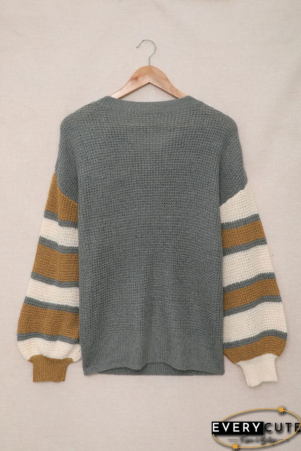 Gray Striped Raglan Sleeve Drop Shoulder Sweater