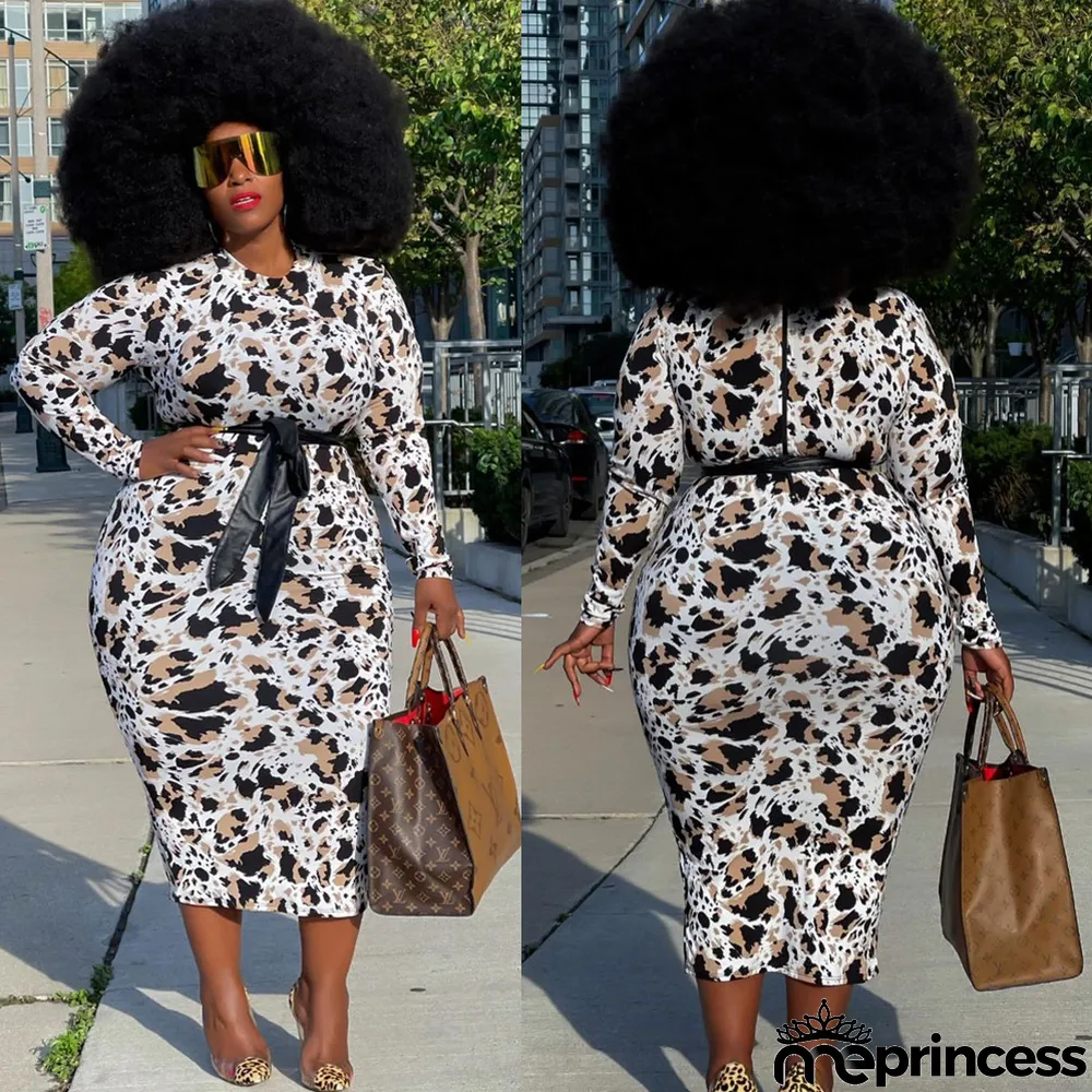 Large Size Printed Slim Slimming Belt Dress