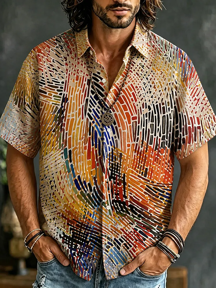 Men's Hippie Abstract Geometric Light Brushstroke Print Short-sleeve Button-down Shirt