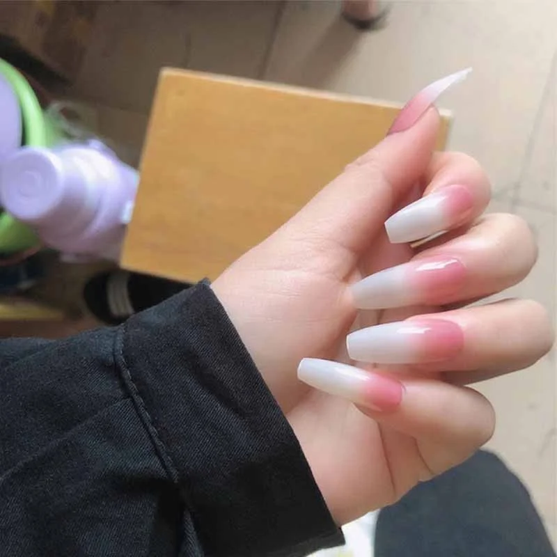 24PCS/box artificial nails with glue Milky white pink Gradients long Ballet Nail stick fake nail tips full cover acrylic-Nail Inspo