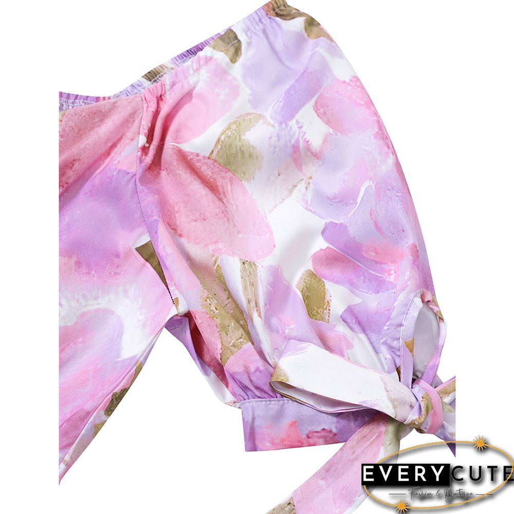 Purple Pink Floral Print Puff Sleeve Long Dress