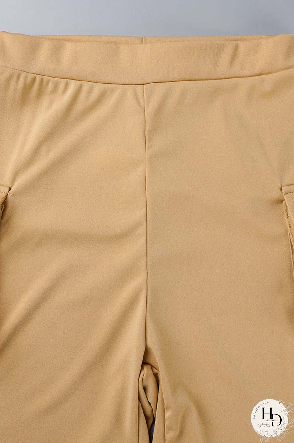 Khaki Casual Solid Bandage Patchwork Pocket Buckle Turndown Collar Short Sleeve Two Pieces