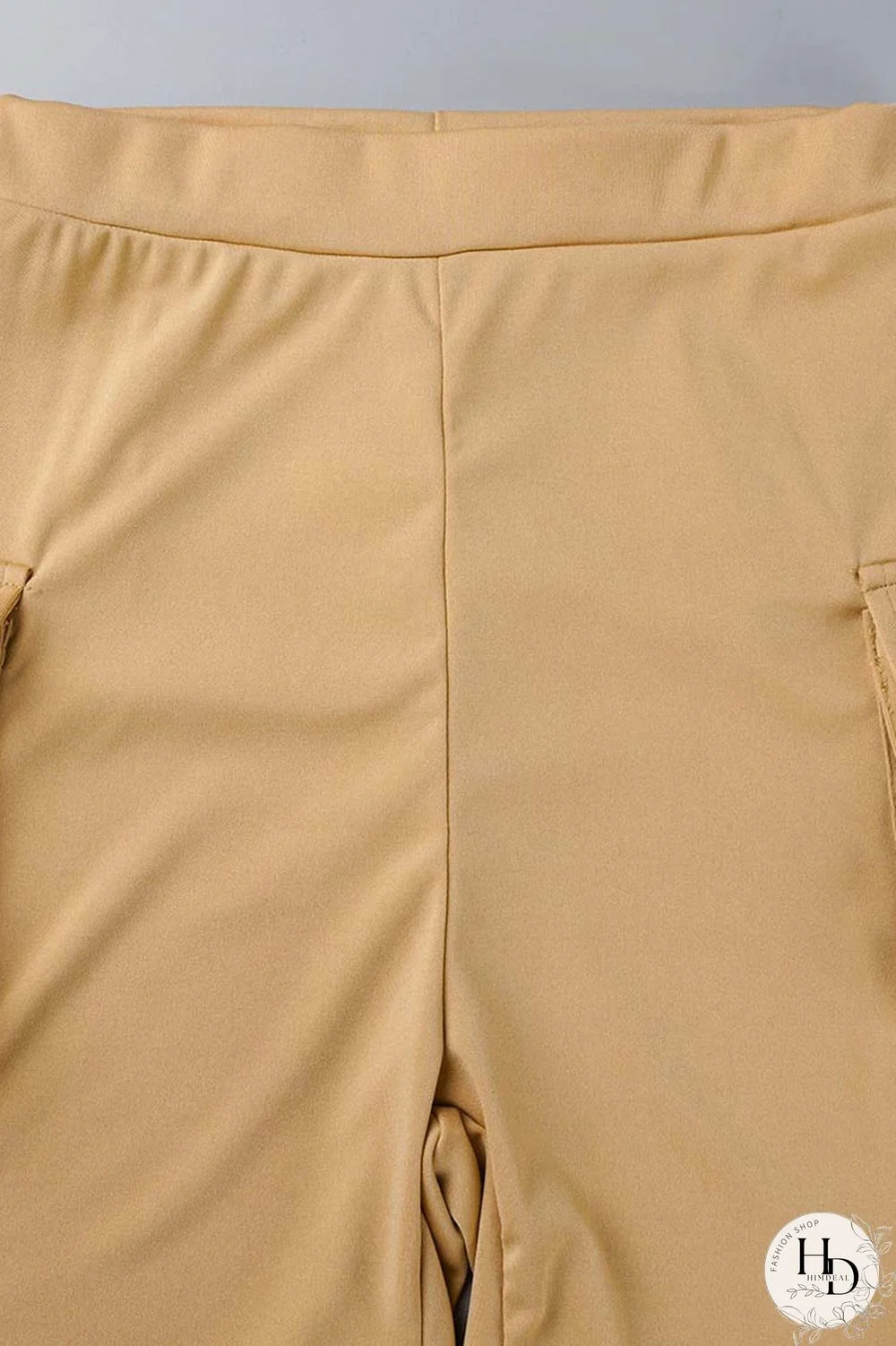 Khaki Casual Solid Bandage Patchwork Pocket Buckle Turndown Collar Short Sleeve Two Pieces