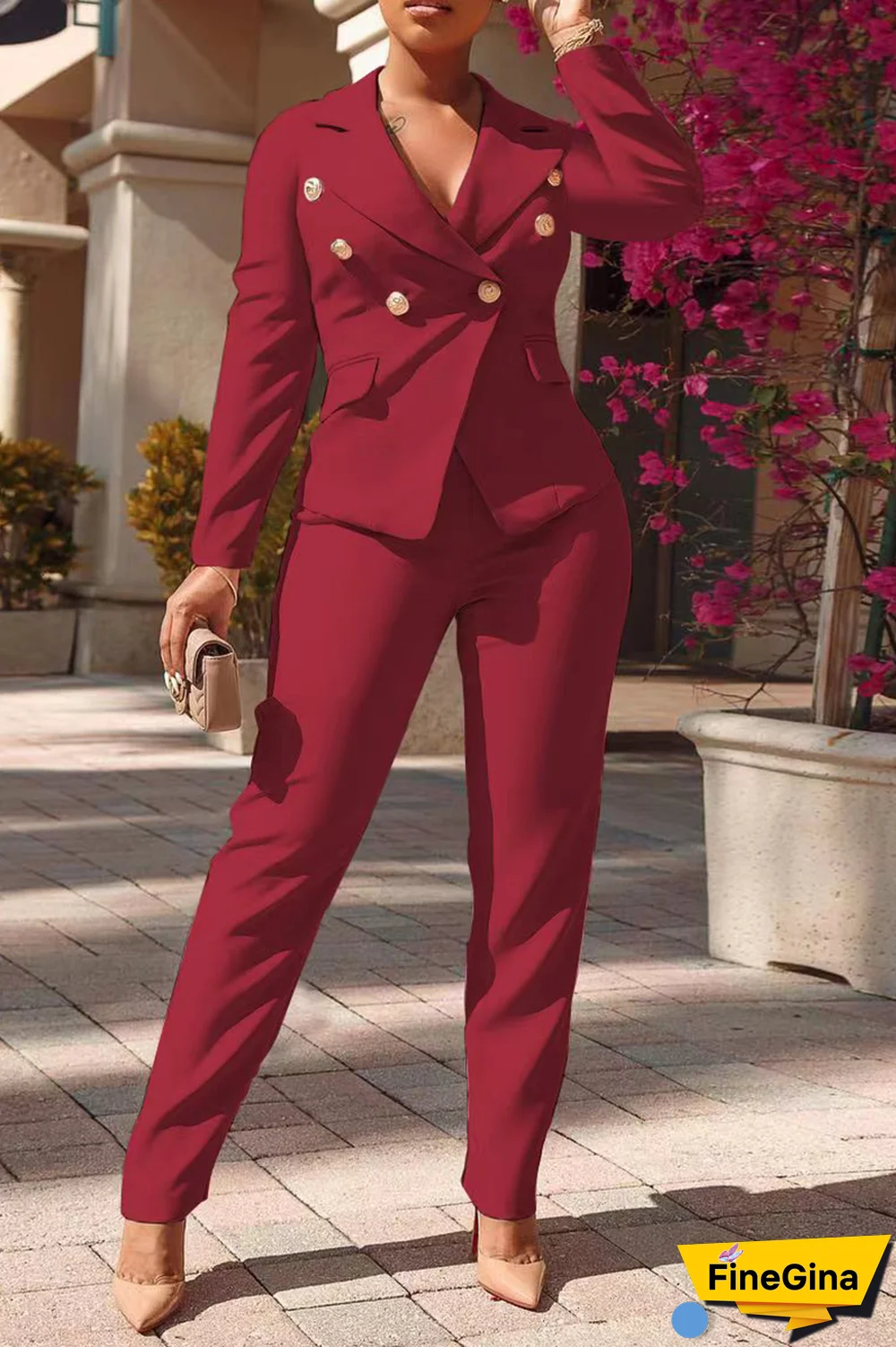 Pink Fashion Solid Buckle Turndown Collar Long Sleeve Two Pieces