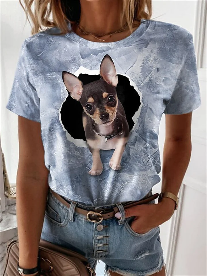 Summer Women's New Round Neck Animal Puppy Pattern 3D Printing Short-sleeved T-shirt-JRSEE
