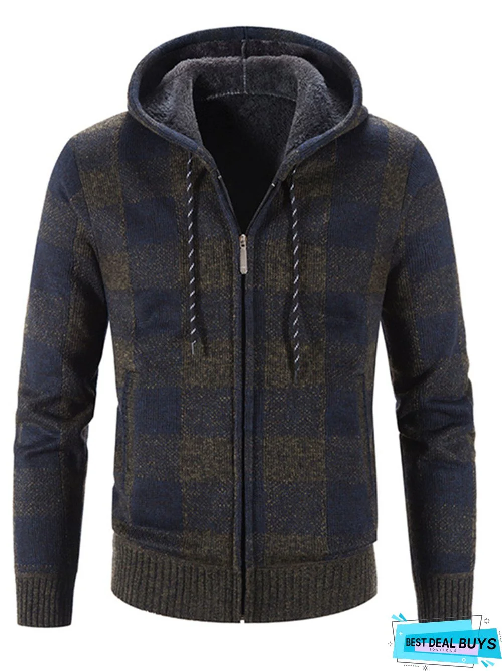 Men's Plaid Color Matching Hooded Loose Long Sleeve Sweater Coat