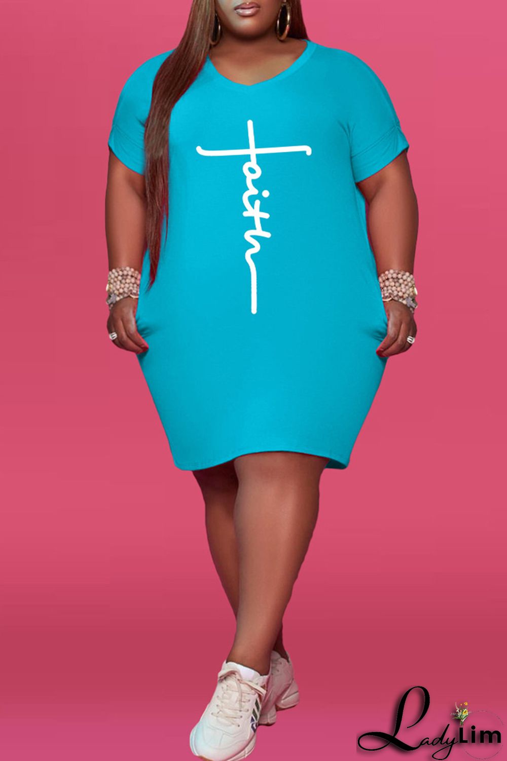 Black Fashion Casual Print Basic V Neck Short Sleeve Dress