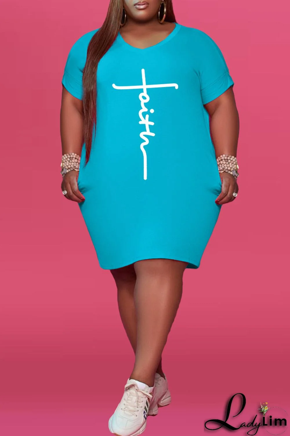 Black Fashion Casual Print Basic V Neck Short Sleeve Dress