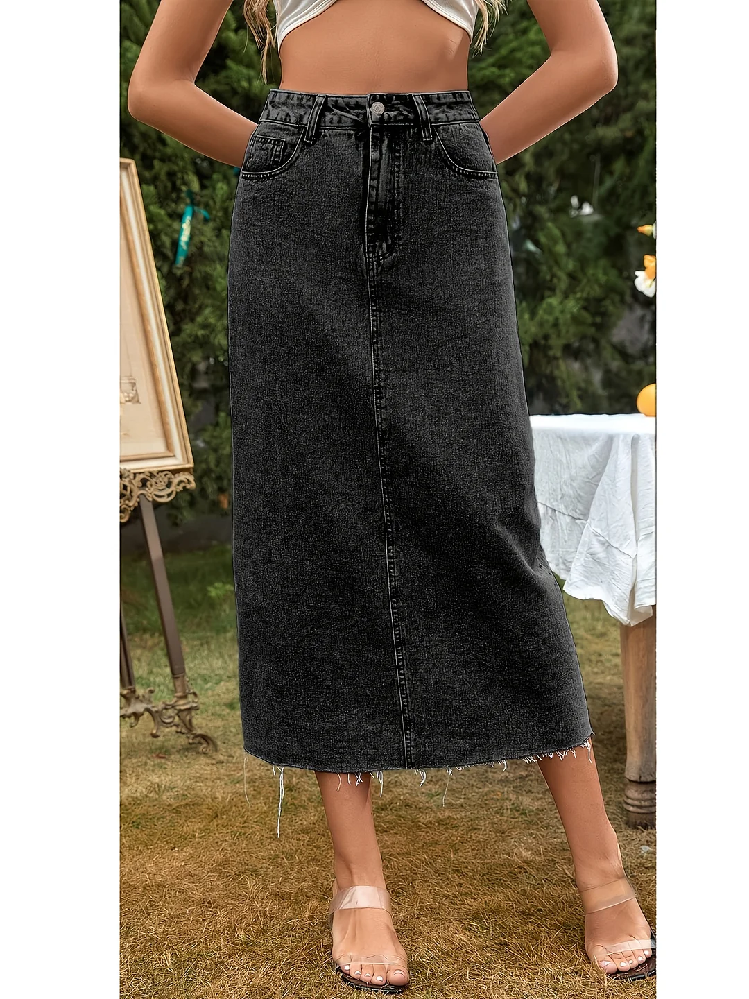 Women's Fashionable High-Waisted Denim Midi Skirt - Casual Straight Fit, Stretchy Fabric, Button Detail, No Belt, Summer Style, Casual Attire | Highwaisted Skirt | Stretchy Fabric | IFYHOME