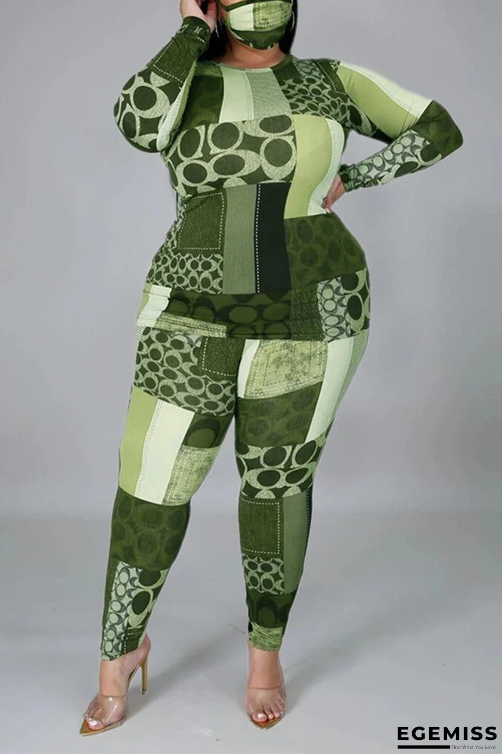 Green Fashion British Style Adult Print Patchwork O Neck Plus Size | EGEMISS