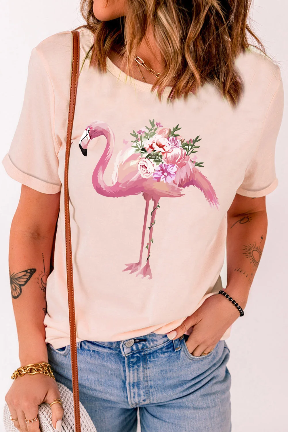 Pink Flamingo Floral Print Crew Neck Tee