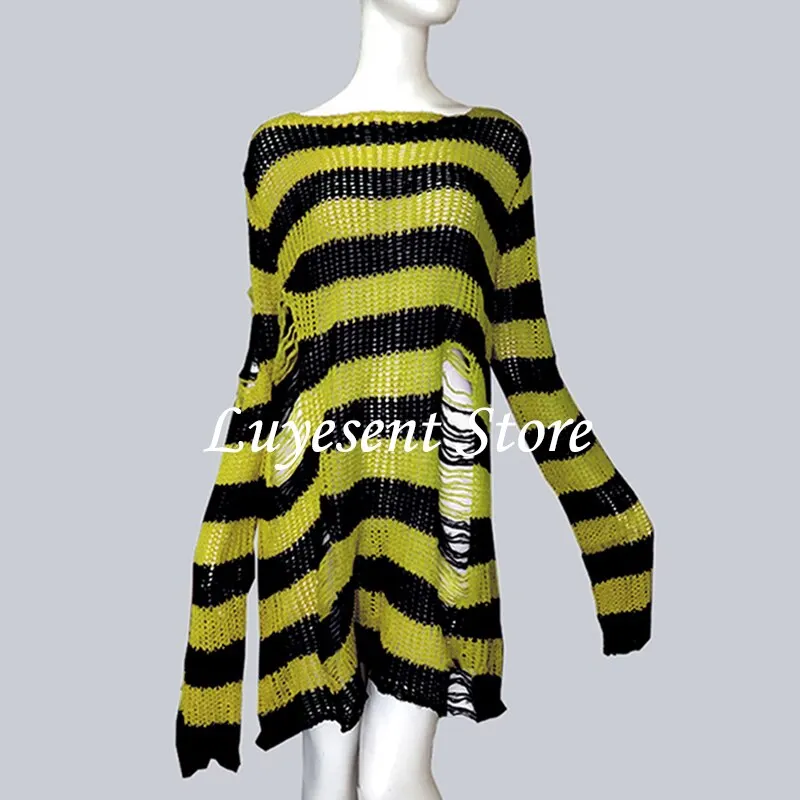 Plus Size Punk Gothic Long Unisex Sweater Dress Women Man Striped Cool Hollow Out Hole Broken Jumper Loose Rock Thin Sweter 2021
