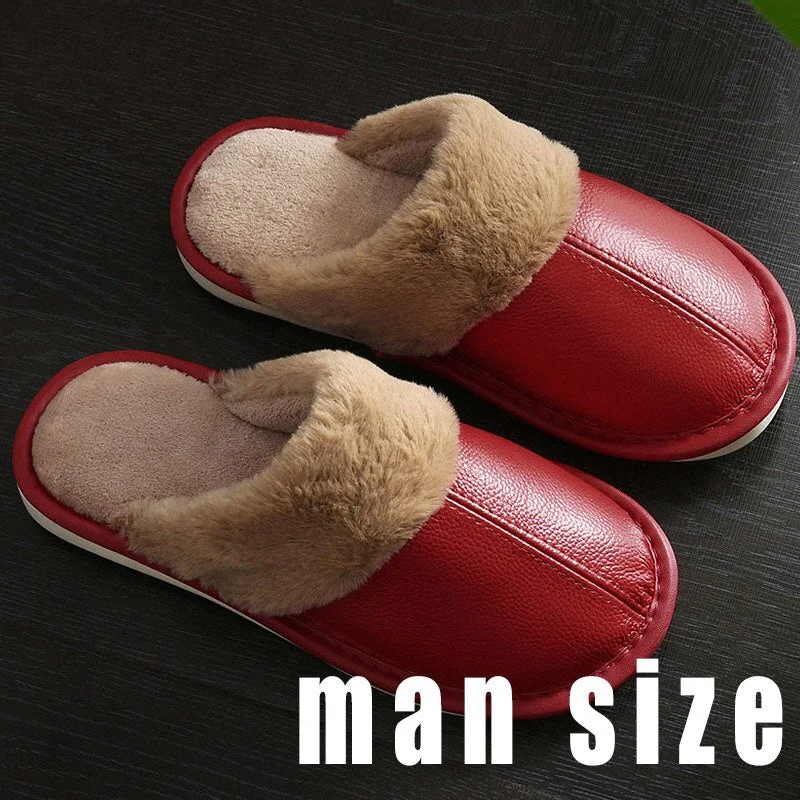 Men's Slippers Winter Genuine Leather Slippers for Men Warm Plush Slippers Large Size 45-46 Home Slippers Comfy House Shoes