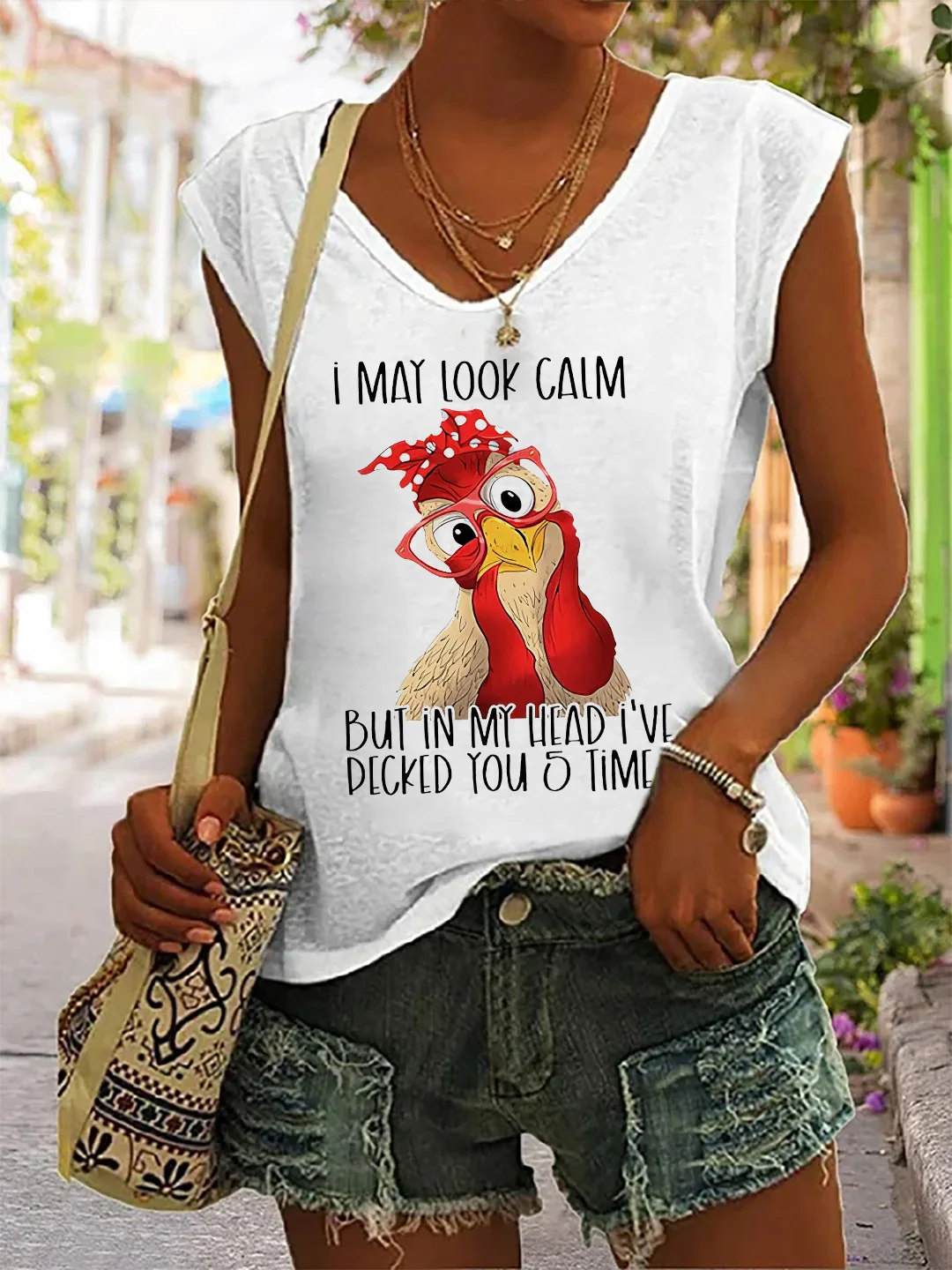 I May Look Calm Print Casual V Neck Women's Vest