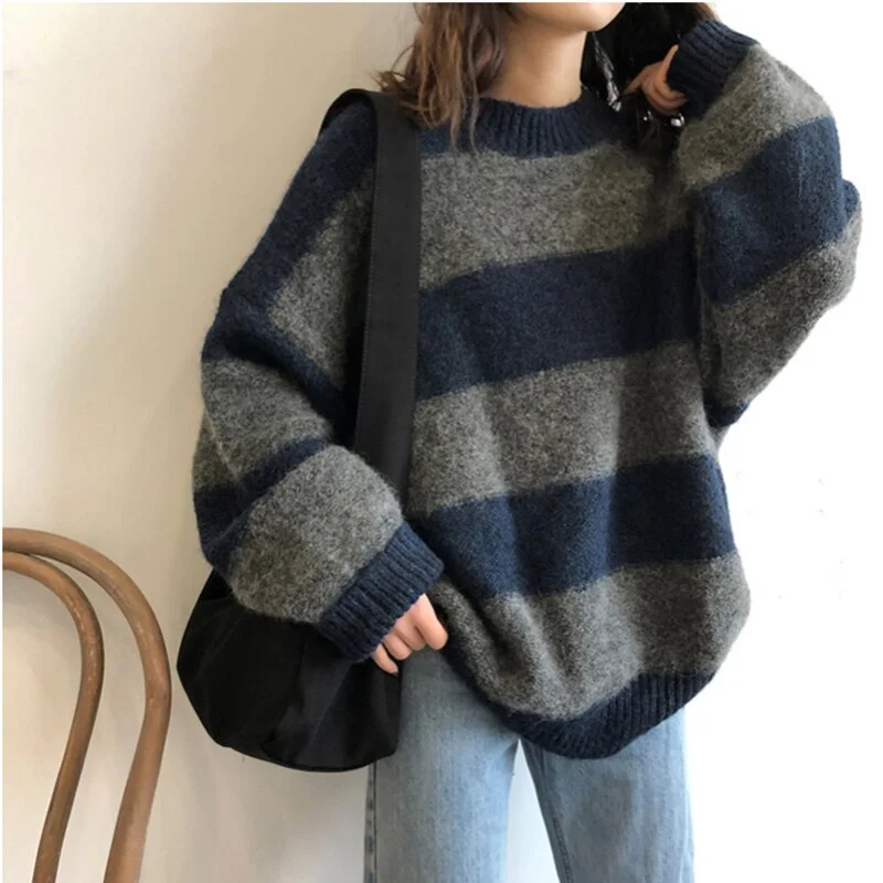 Syiwidii Vintage Striped Woman Sweater Autumn Winter 2021 New Pullover Long Sleeve O Neck Knitted Korean Top Casual Loose Jumper