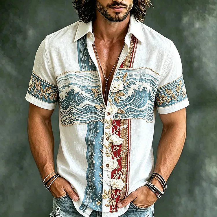 Men's Retro Japanese Wave And Floral Pattern Casual Shirt